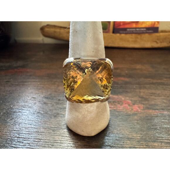 Citrine Cushion Cut Cocktail Ring Big Fancy Faceted Sterling Handmade US 8.75-9 - Picture 9 of 12